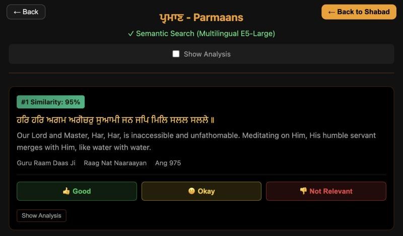 Parmaan Khoji results page listing related passages with similarity scores, Gurmukhi text, English translations, and source references